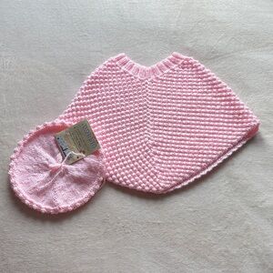 NEW Hand Knit Set Poncho with Beret Tam Pink Infant Toddler 12 mo